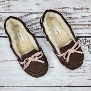 Airwalk Girl's Faux Fur Lined Moccasins Brown Pink Bow | Size 10